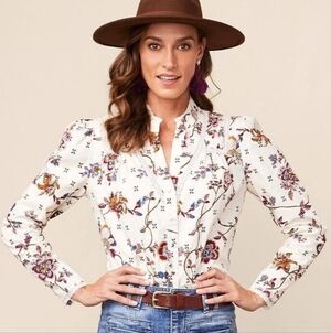 Matilda Jane Good Hart Cream "Monica" Floral Button Down, L, Boho, Western